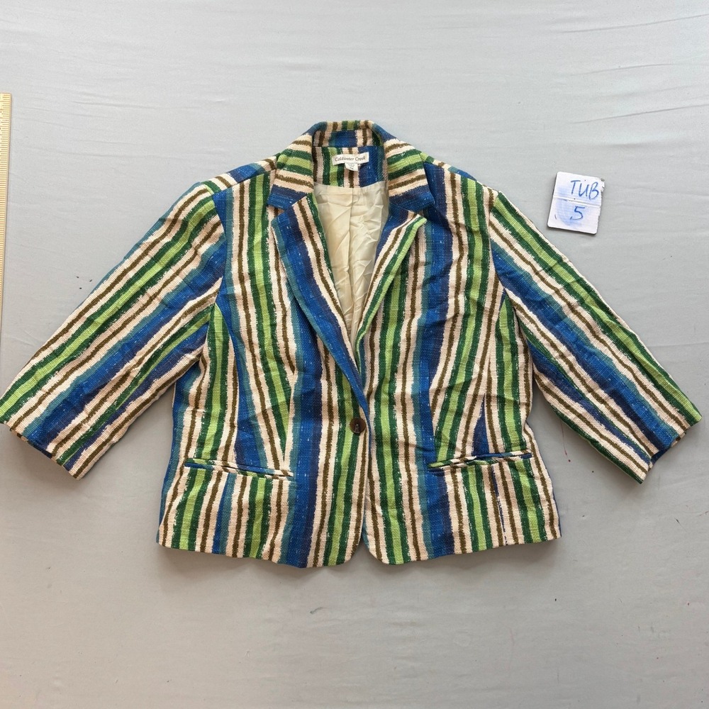 Coldwater Creek Striped Blazer Jacket Blue Green Tan Woven Petite 16 P16